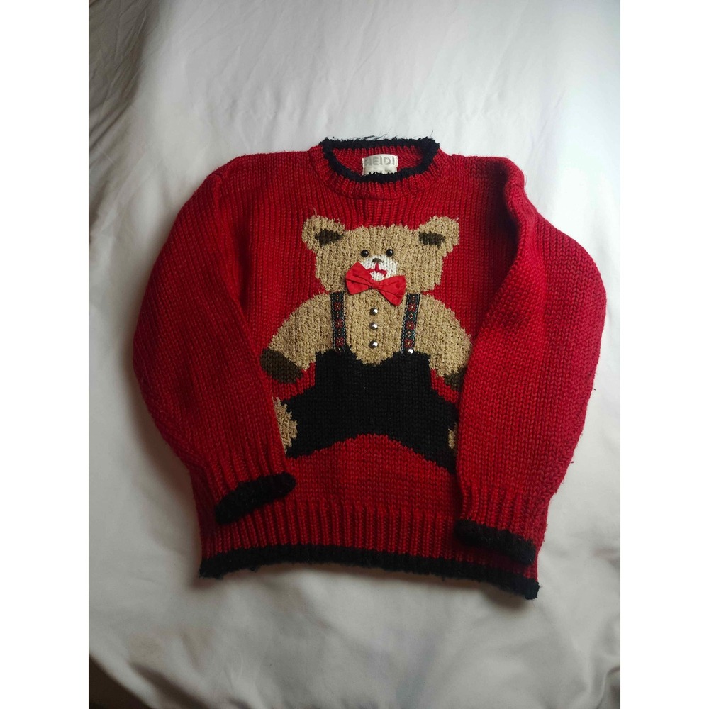 Vintage Heidi Hand Knitted Teddy Bear Sweater Red Bow Tie Acrylic Mens Medium